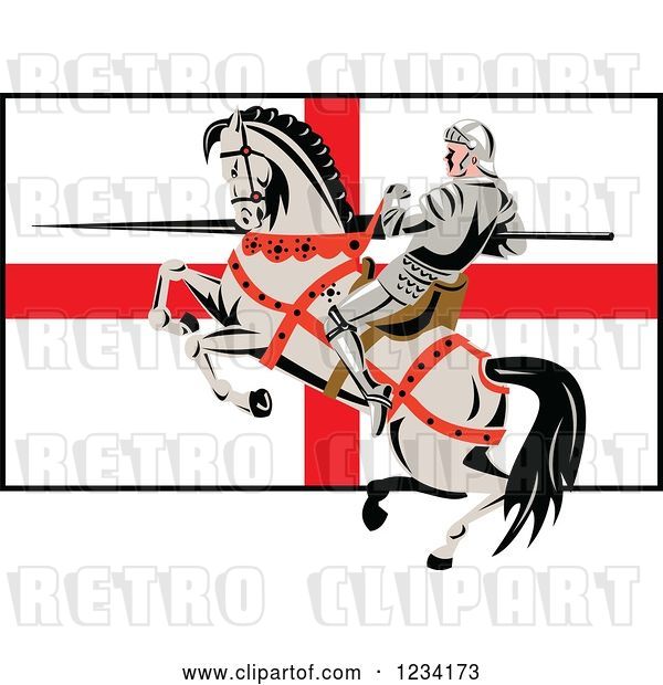 Vector Clip Art of Retro Horseback Jousting Knight with a Lance over an English Flag