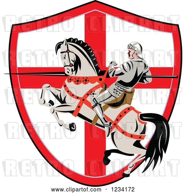 Vector Clip Art of Retro Horseback Jousting Knight with a Lance over an English Flag Shield