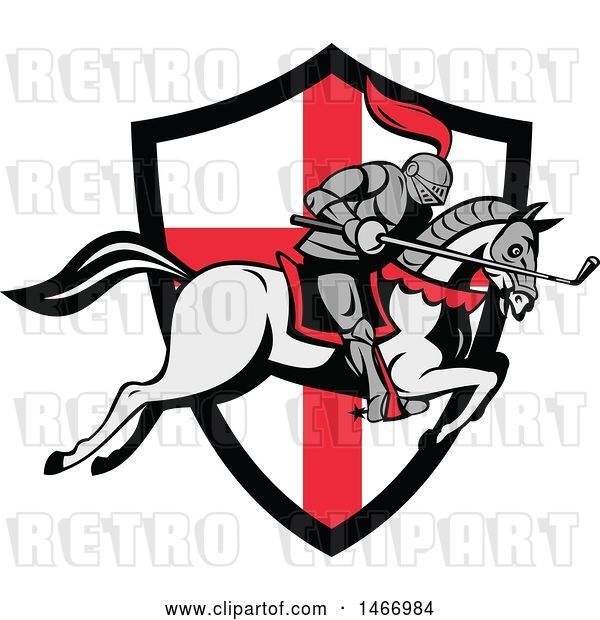 Vector Clip Art of Retro Horseback Knight Leaping over an English Flag Shield with a Golf Club in Hand