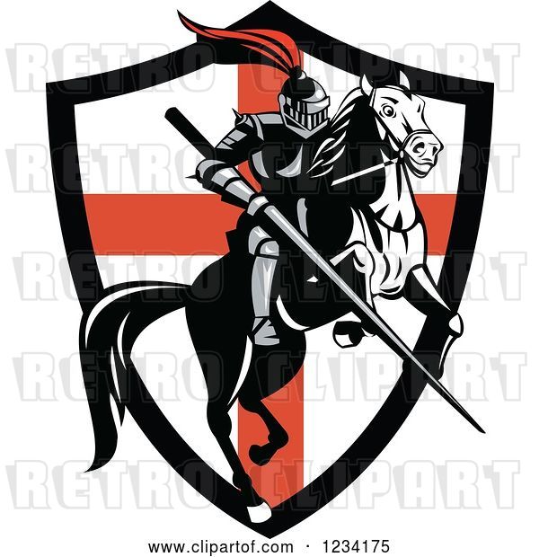 Vector Clip Art of Retro Horseback Knight with a Jousting Lance over an English Flag Shield