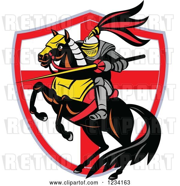 Vector Clip Art of Retro Horseback Knight with a Lance over an English Flag Shield