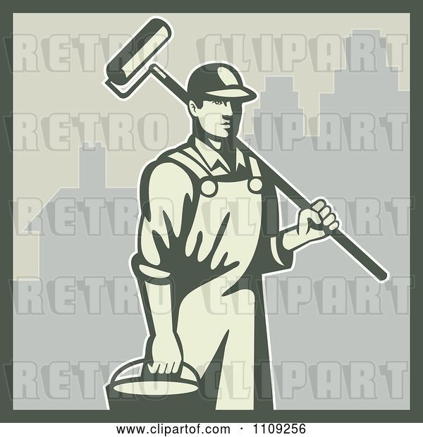 Vector Clip Art of Retro House Painter Carrying a Bucket and Roller Brush in a City