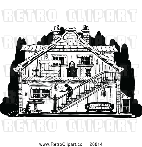 Vector Clip Art of Retro House with Visible Interior