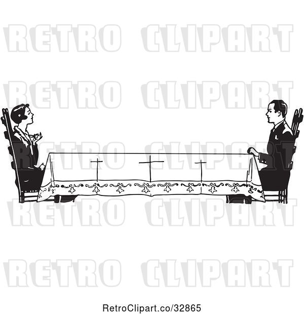 Vector Clip Art of Retro Housewife Across a Long Table from Her Husband