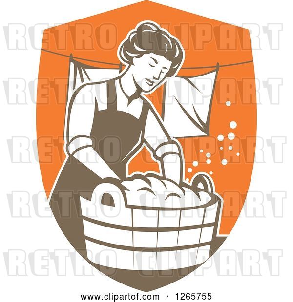 Vector Clip Art of Retro Housewife Lady Doing Laundry in a Brown and Orange Shield