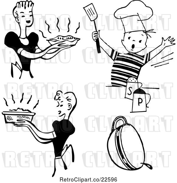 Vector Clip Art of Retro Housewifes and Boy Cooking