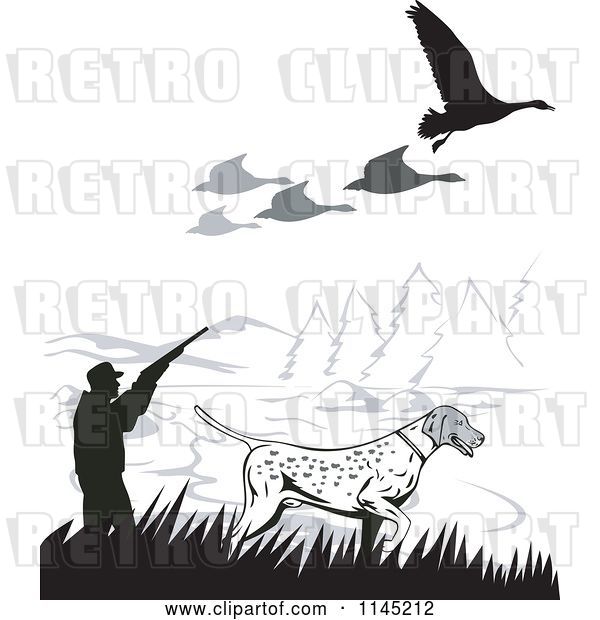 Vector Clip Art of Retro Hunter and Dog Under Geese