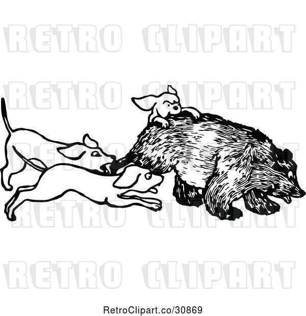 Vector Clip Art of Retro Hunting Dogs Attacking a Bear
