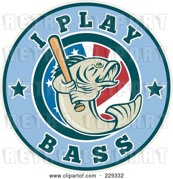 Vector Clip Art of Retro I Play Bass Text Around a Fish Holding a Baseball Bat