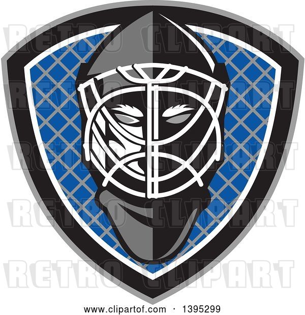 Vector Clip Art of Retro Ice Hockey Goalie Helmet over a Net in a Gray Black White and Blue Shield