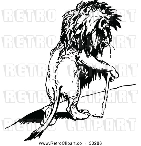 Vector Clip Art of Retro Injured Lion Using a Cane