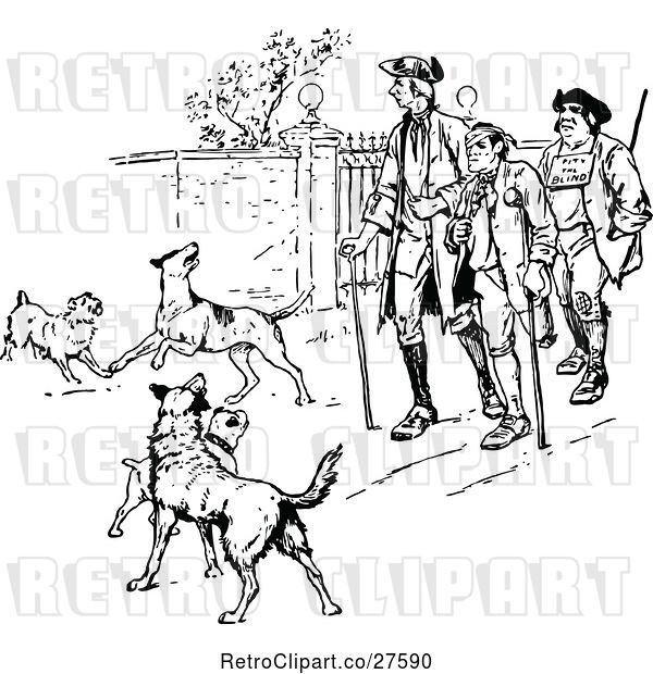 Vector Clip Art of Retro Injured Men and Dogs
