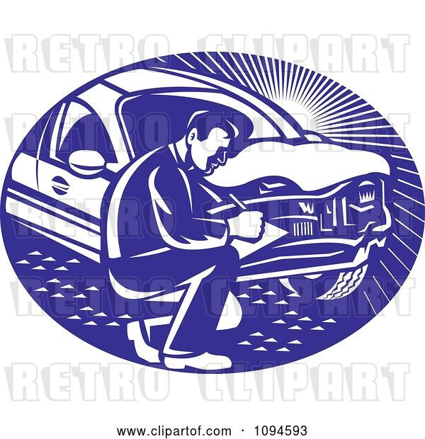 Vector Clip Art of Retro Insurance Adjuster Crouching by a Damaged Car