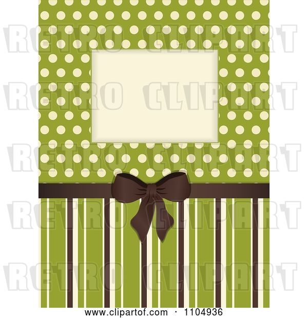 Vector Clip Art of Retro Invitation Background with a Brown Bow and Frame over Polkda Dots on Green with Stripes