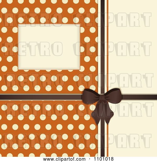 Vector Clip Art of Retro Invitation Background with a Brown Bow and Ribbon over Polkda Dots on Orange
