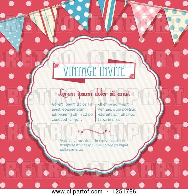 Vector Clip Art of Retro Invitation with Sample Text over Pink Polka Dots with a Bunting