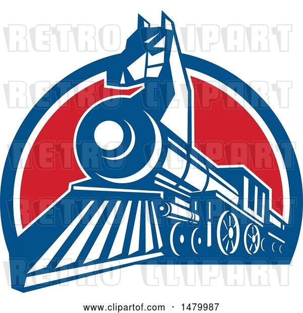 Vector Clip Art of Retro Iron Horse Headed Train in a Red White and Blue Half Circle