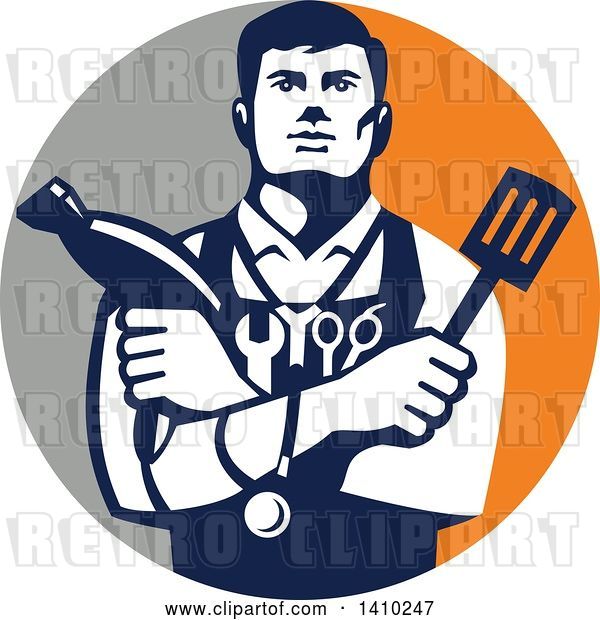 Vector Clip Art of Retro Jack of All Trades Worker Guy Holding a Blow Dryer and Spatula, Wearing a Stethoscope and Tools in a Gray and Orange Circle