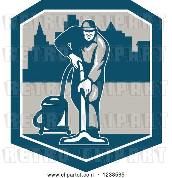 Vector Clip Art of Retro Janitor Operating a Carpet Cleaner over a City in a Shield
