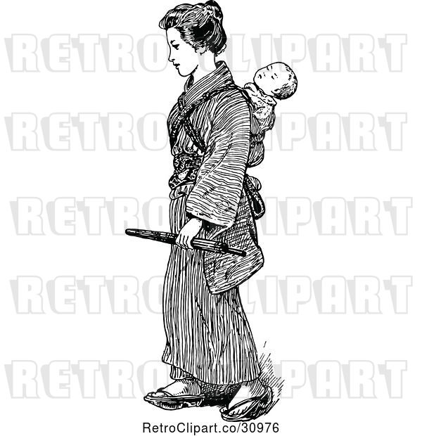 Vector Clip Art of Retro Japanese Mother with a Baby on Her Back