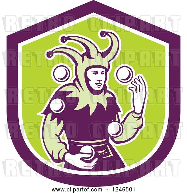 Vector Clip Art of Retro Jester Juggling Balls over a Green and Purple Shield