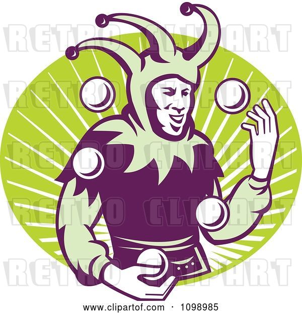 Vector Clip Art of Retro Jester Juggling Balls over a Green Oval of Rays
