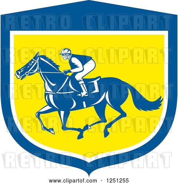 Vector Clip Art of Retro Jockey Racing a Horse in a Blue White and Yellow Shield