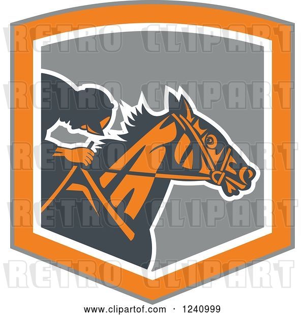 Vector Clip Art of Retro Jockey Racing a Horse in a Gray and Orange Shield