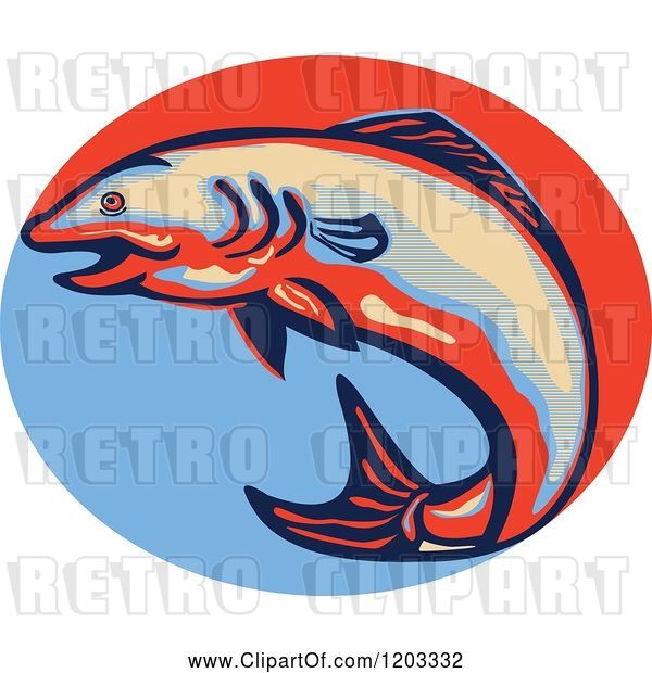Vector Clip Art of Retro Jumping Atlantic Salmon over a Red and Blue Oval