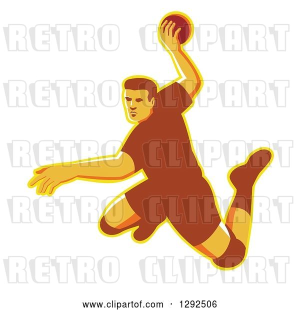 Vector Clip Art of Retro Jumping Male Handball Player Preparing to Throw the Ball