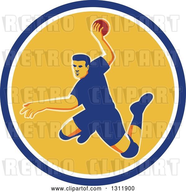 Vector Clip Art of Retro Jumping Male Handball Player Preparing to Throw the Ball in a Blue White and Yellow Circle