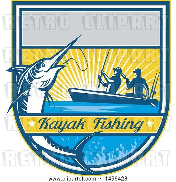 Vector Clip Art of Retro Jumping Marlin Fish Being Reeled in by Two Men Tandem Fishing with Text