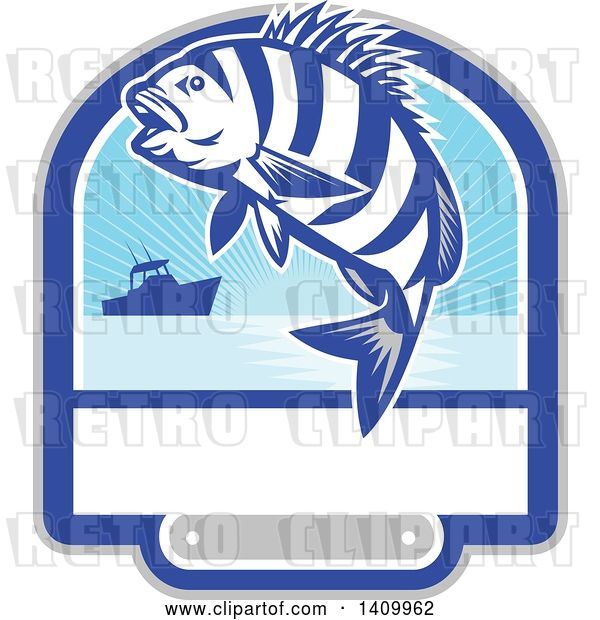 Vector Clip Art of Retro Jumping Sheepshead Fish over a Silhouetted Boat and Text Space