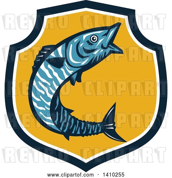 Vector Clip Art of Retro Jumping Wahoo Fish in a Blue White and Yellow Shield