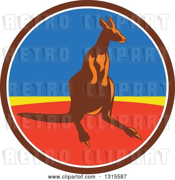 Vector Clip Art of Retro Kangaroo in a Brown White Blue Yellow and Red Circle