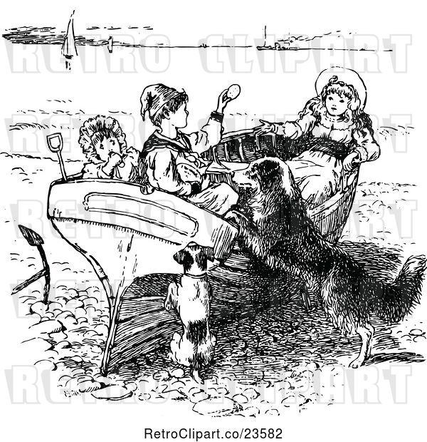 Vector Clip Art of Retro KChildren and Dogs Playing on a Boat in Dry Dock