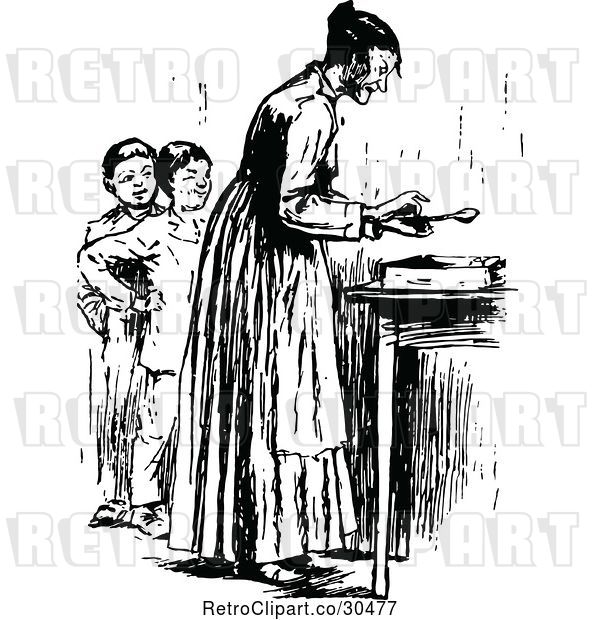 Vector Clip Art of Retro KChildren and Mother by a Table
