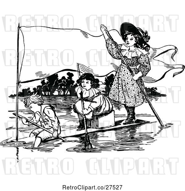 Vector Clip Art of Retro KChildren on a Makeshift Boat with a Banner