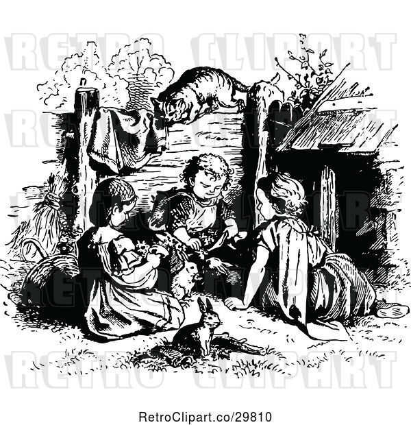 Vector Clip Art of Retro KChildren Playing with Pets