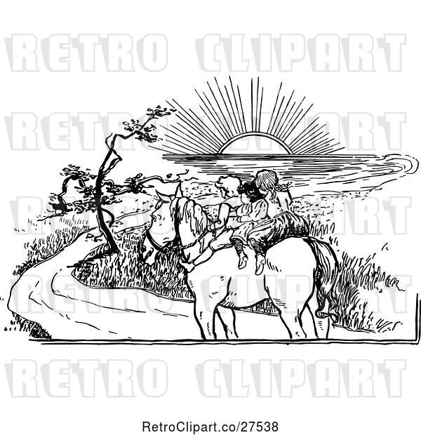 Vector Clip Art of Retro KChildren Riding a Horse into Sunset