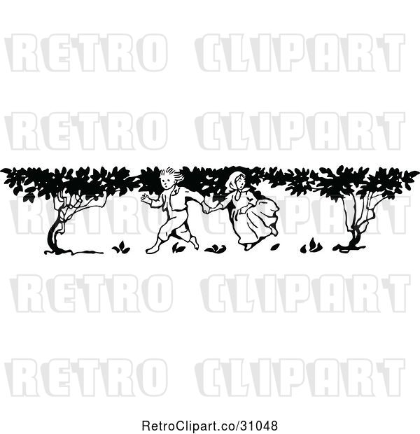 Vector Clip Art of Retro KChildren Running by Trees
