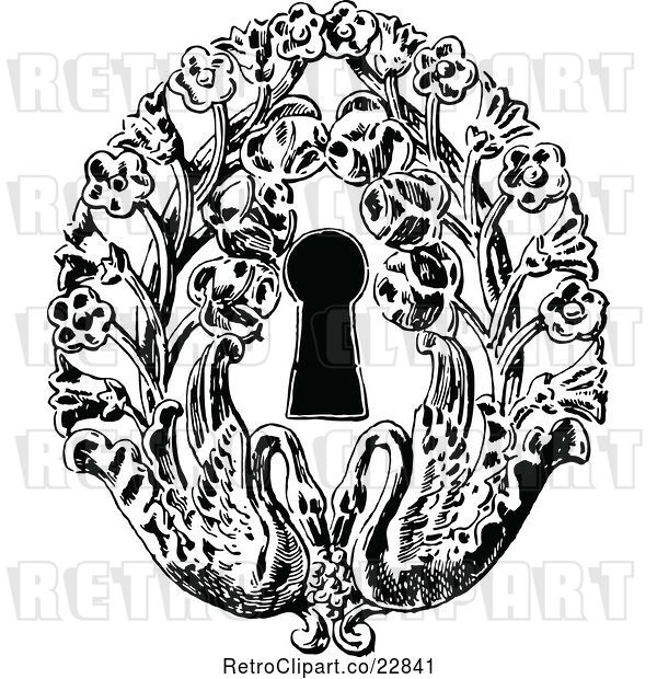 Vector Clip Art of Retro Keyhole with Flowers and Swans