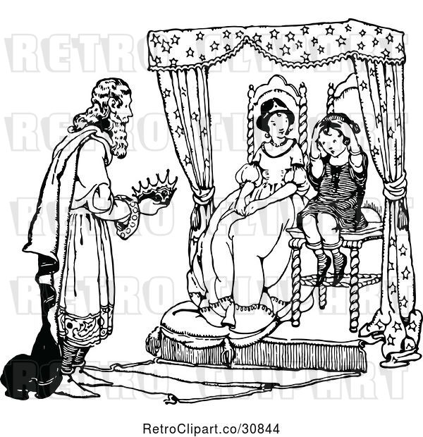 Vector Clip Art of Retro King Giving a Boy His Crown As He Sits by a Queen