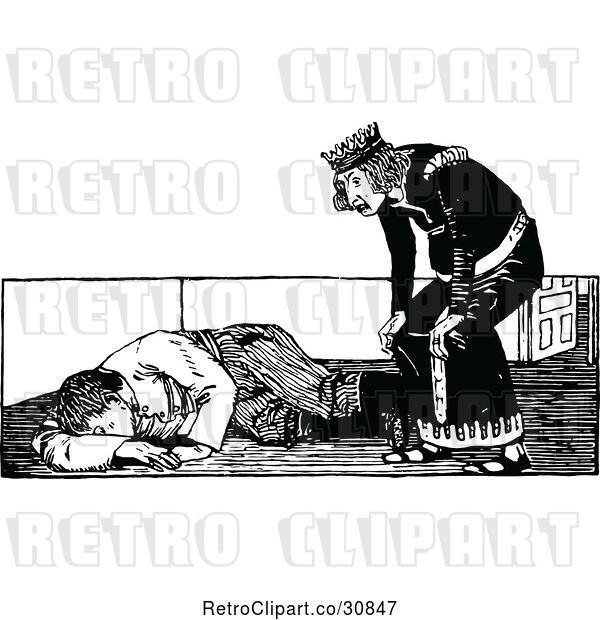 Vector Clip Art of Retro King Looking at a Guy on the Ground