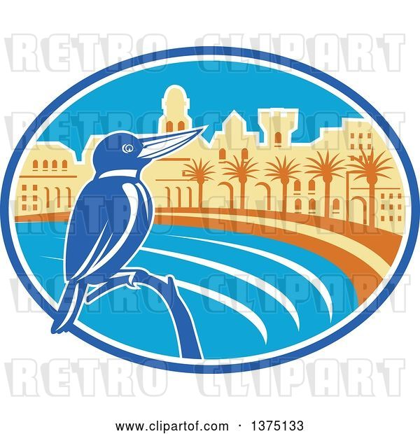 Vector Clip Art of Retro Kingfisher Bird Perched Against a Mediterranean Coastal City in an Oval