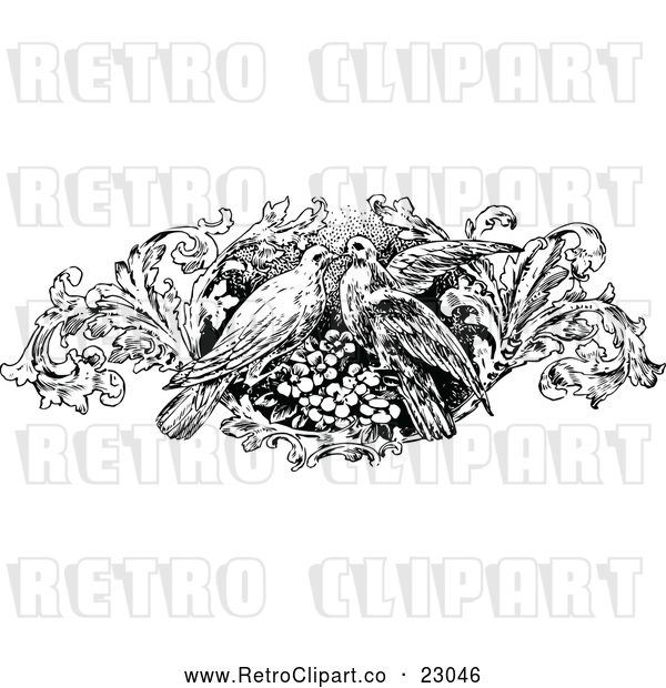 Vector Clip Art of Retro Kissing Birds and Floral Design Element