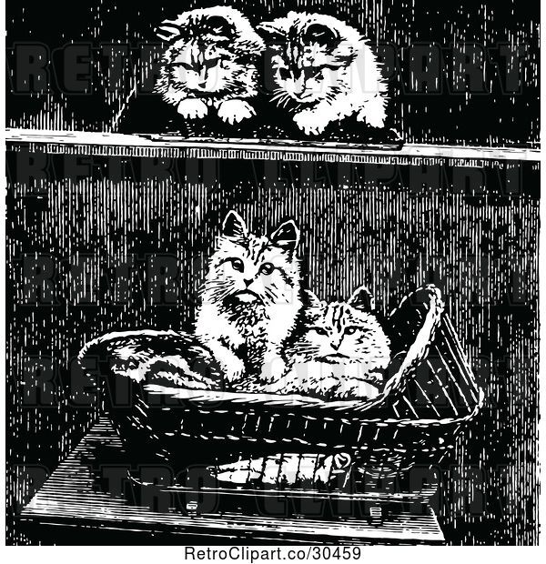 Vector Clip Art of Retro Kittens and a Basket