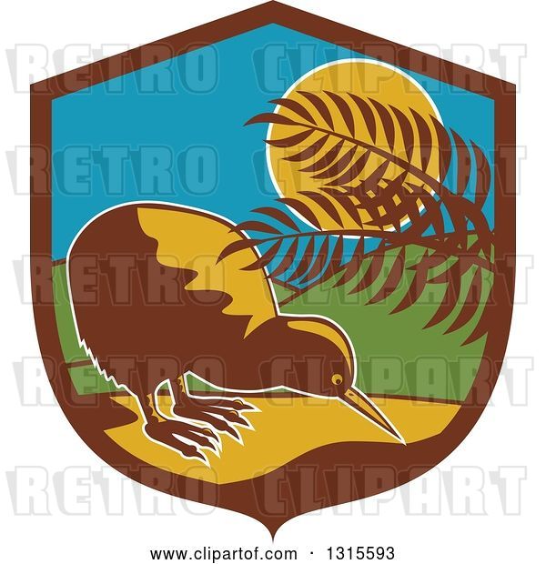 Vector Clip Art of Retro Kiwi Bird by Plants in the Moonlight Inside a Brown Blue Yellow and Green Shield