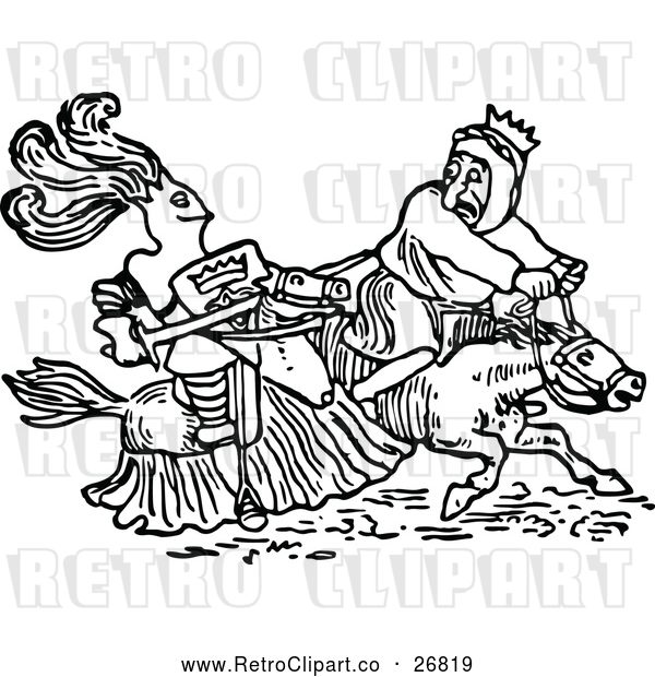 Vector Clip Art of Retro Knight and King on Horseback
