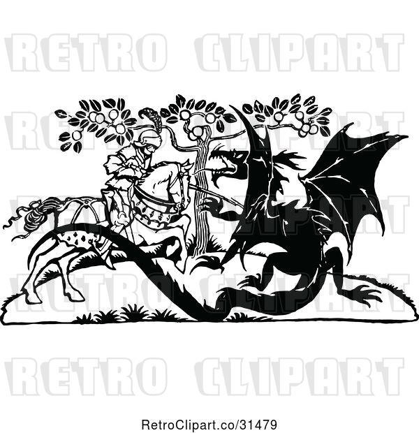 Vector Clip Art of Retro Knight Battling a Dragon